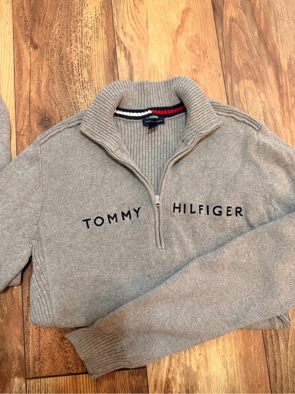 Vintage Tommy Hilfiger Light Gray Quarter-Zip Logo Sweater